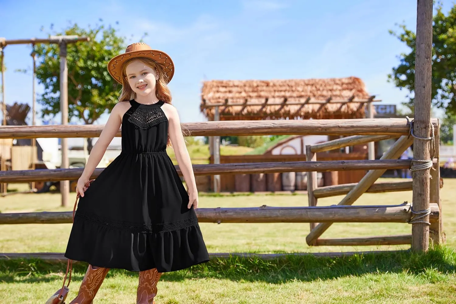 GRACE KARIN Girls Dresses Summer Spring Halter Maxi Dress Kids Ruffle Casual Flower Pleated Sun Dress Size 5-14