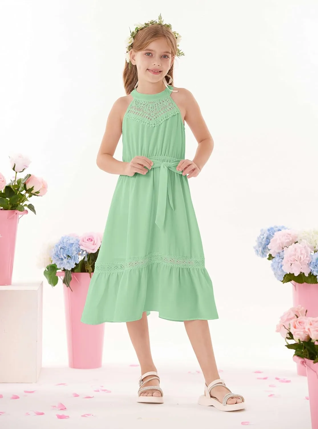 GRACE KARIN Girls Dresses Summer Spring Halter Maxi Dress Kids Ruffle Casual Flower Pleated Sun Dress Size 5-14