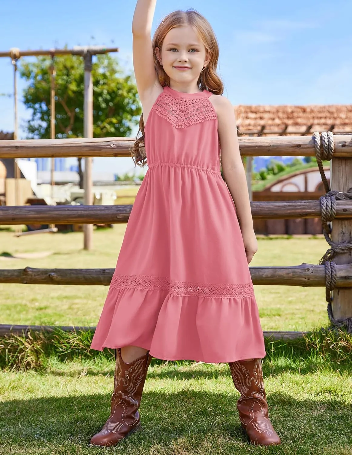 GRACE KARIN Girls Dresses Summer Spring Halter Maxi Dress Kids Ruffle Casual Flower Pleated Sun Dress Size 5-14