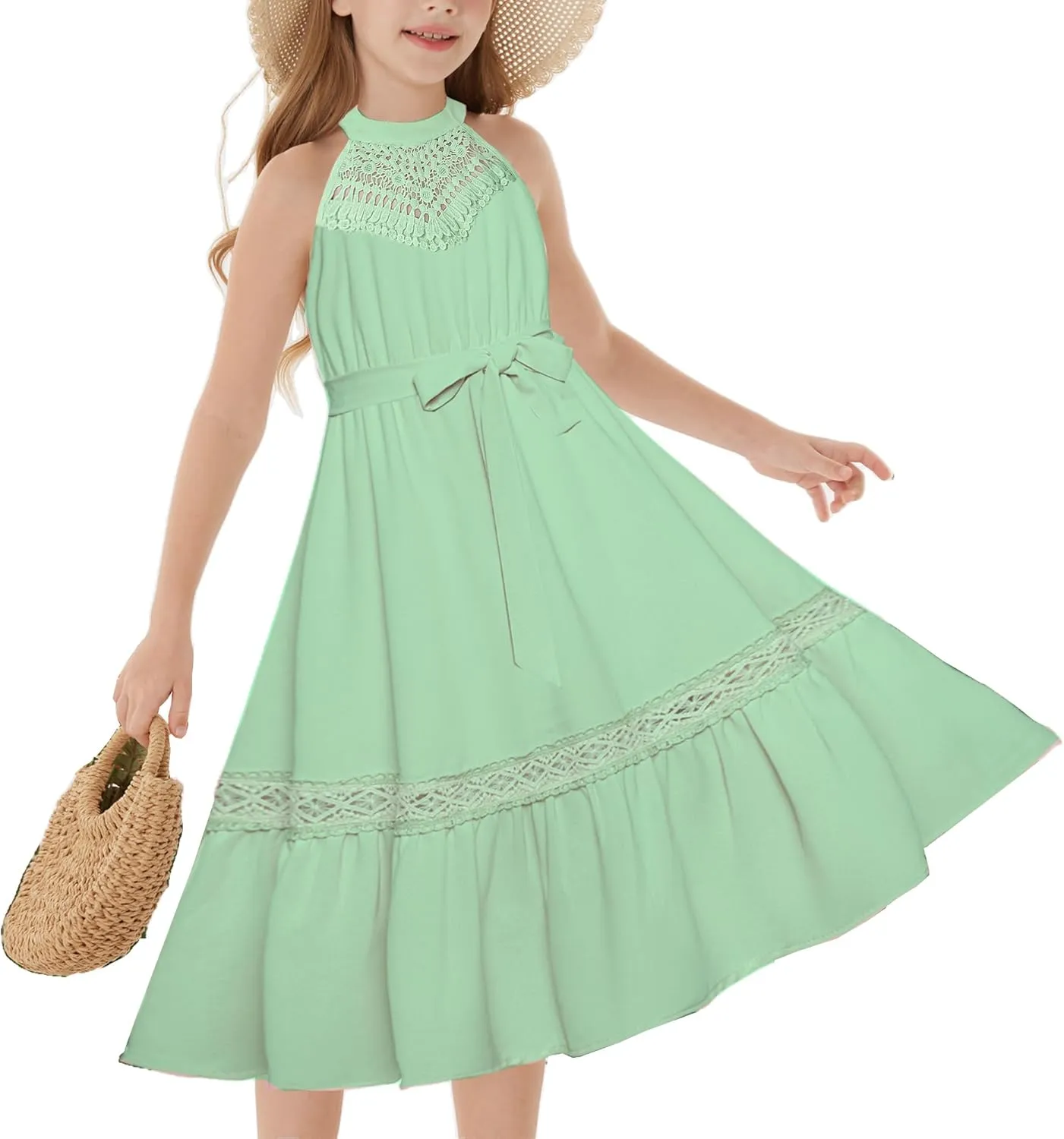 GRACE KARIN Girls Dresses Summer Spring Halter Maxi Dress Kids Ruffle Casual Flower Pleated Sun Dress Size 5-14
