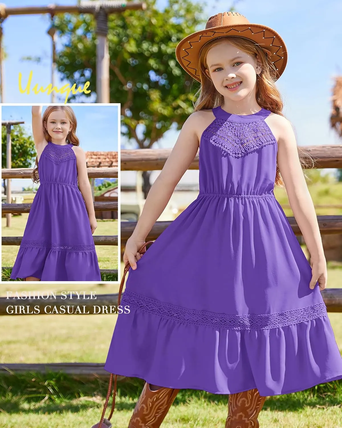 GRACE KARIN Girls Dresses Summer Spring Halter Maxi Dress Kids Ruffle Casual Flower Pleated Sun Dress Size 5-14