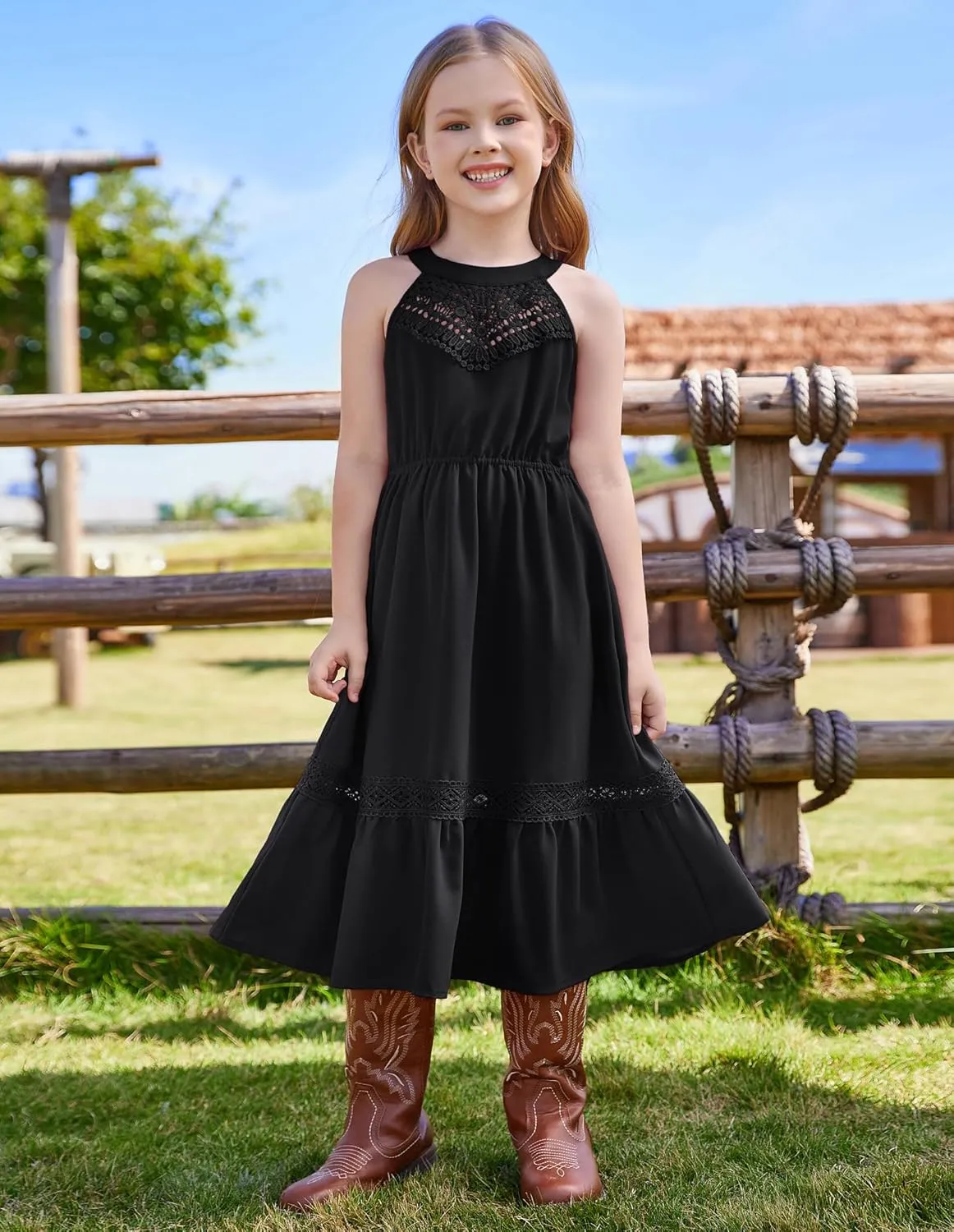 GRACE KARIN Girls Dresses Summer Spring Halter Maxi Dress Kids Ruffle Casual Flower Pleated Sun Dress Size 5-14