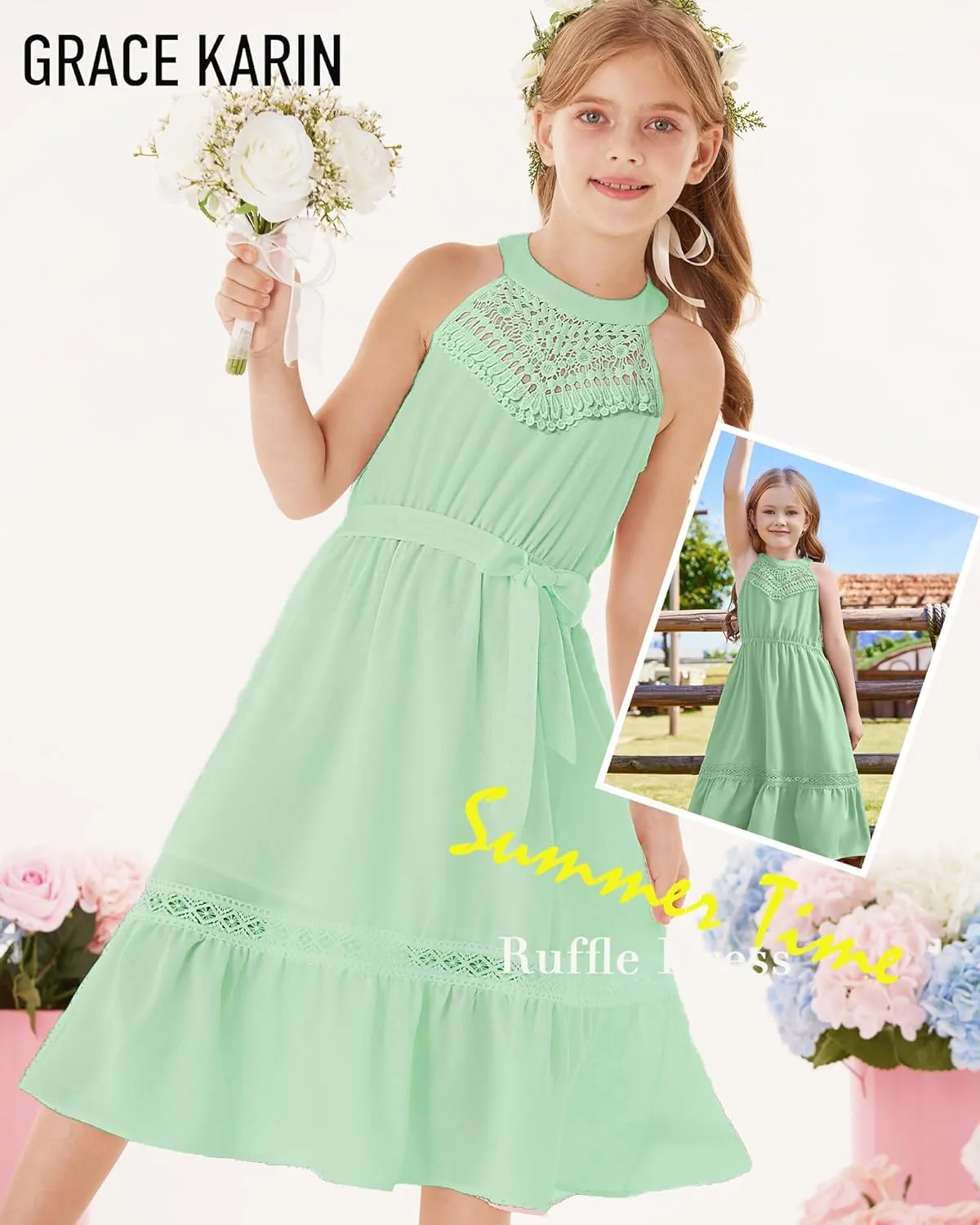 GRACE KARIN Girls Dresses Summer Spring Halter Maxi Dress Kids Ruffle Casual Flower Pleated Sun Dress Size 5-14