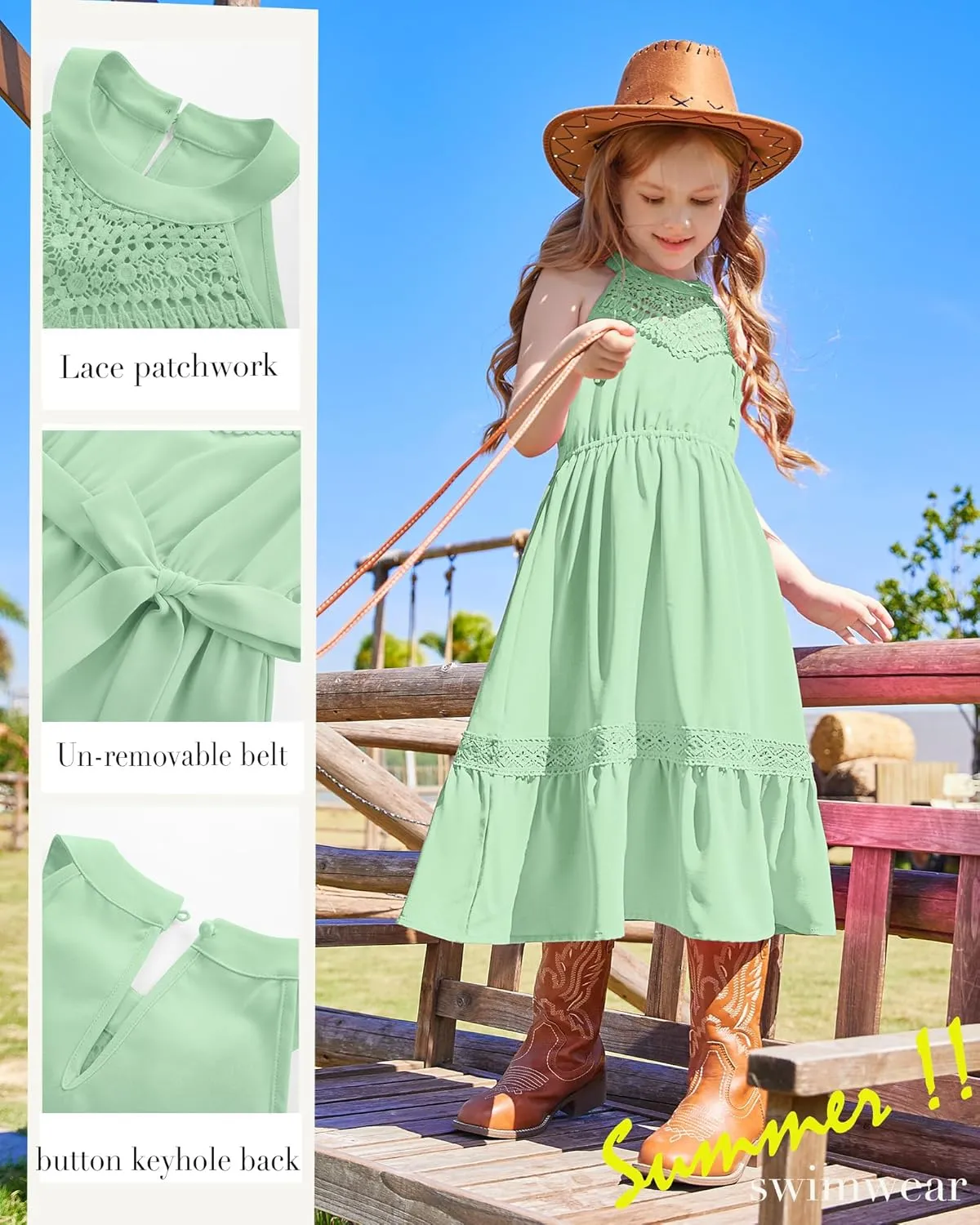 GRACE KARIN Girls Dresses Summer Spring Halter Maxi Dress Kids Ruffle Casual Flower Pleated Sun Dress Size 5-14