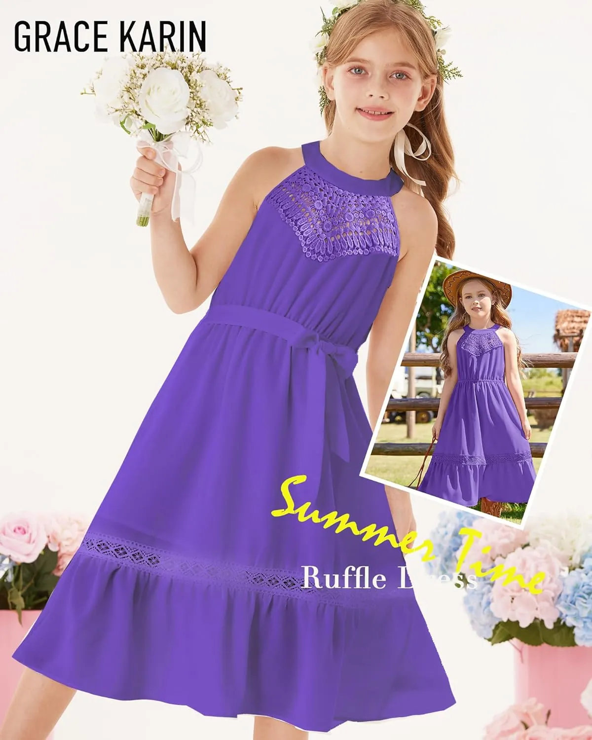 GRACE KARIN Girls Dresses Summer Spring Halter Maxi Dress Kids Ruffle Casual Flower Pleated Sun Dress Size 5-14