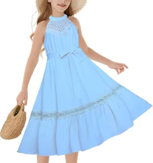 GRACE KARIN Girls Dresses Summer Spring Halter Maxi Dress Kids Ruffle Casual Flower Pleated Sun Dress Size 5-14