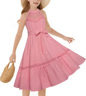 GRACE KARIN Girls Dresses Summer Spring Halter Maxi Dress Kids Ruffle Casual Flower Pleated Sun Dress Size 5-14