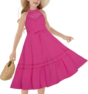 GRACE KARIN Girls Dresses Summer Spring Halter Maxi Dress Kids Ruffle Casual Flower Pleated Sun Dress Size 5-14