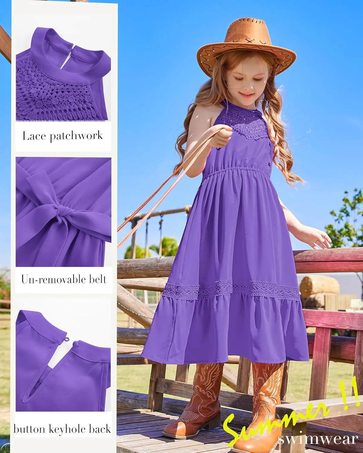 GRACE KARIN Girls Dresses Summer Spring Halter Maxi Dress Kids Ruffle Casual Flower Pleated Sun Dress Size 5-14