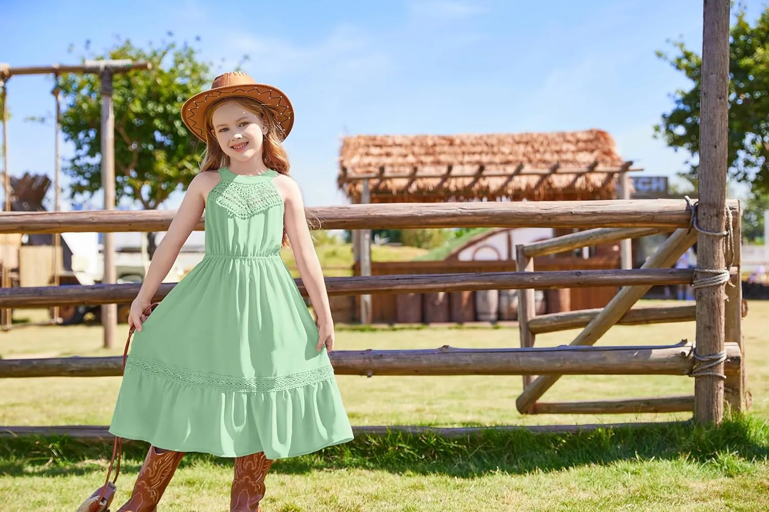 GRACE KARIN Girls Dresses Summer Spring Halter Maxi Dress Kids Ruffle Casual Flower Pleated Sun Dress Size 5-14
