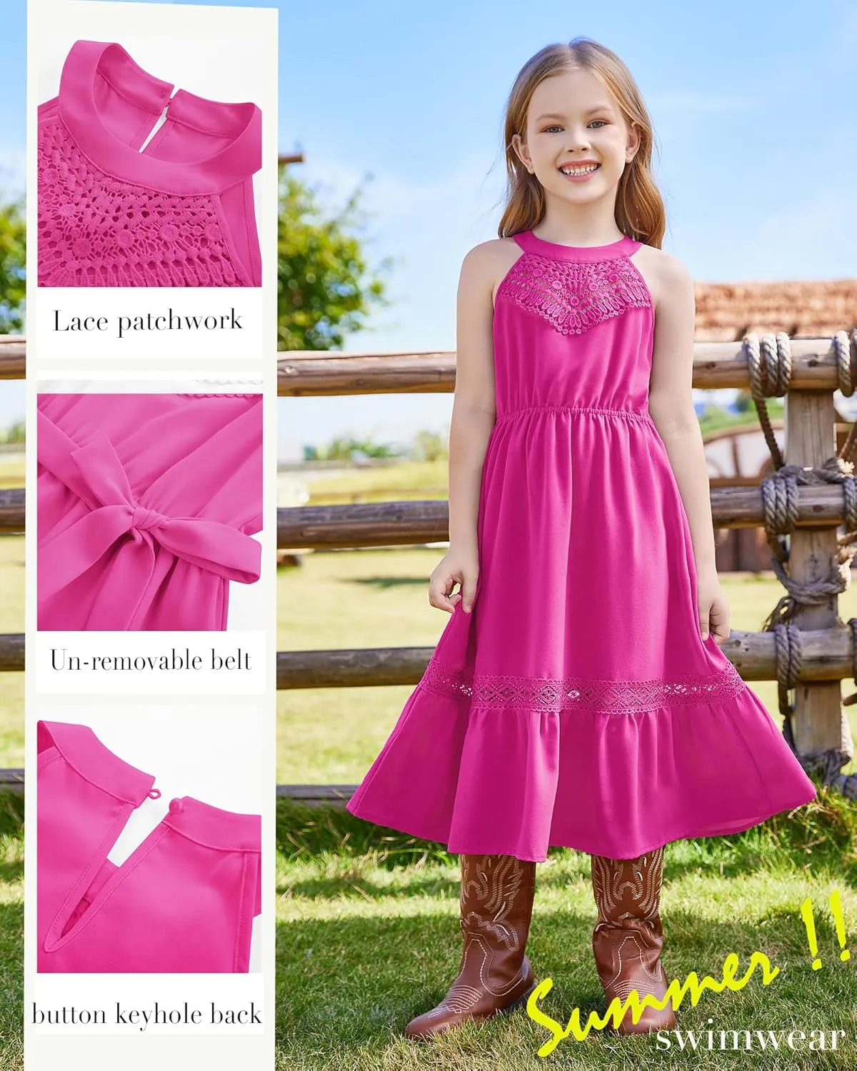 GRACE KARIN Girls Dresses Summer Spring Halter Maxi Dress Kids Ruffle Casual Flower Pleated Sun Dress Size 5-14