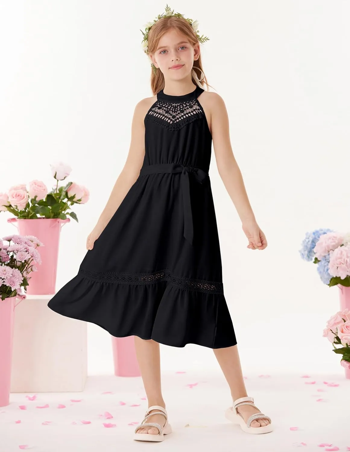 GRACE KARIN Girls Dresses Summer Spring Halter Maxi Dress Kids Ruffle Casual Flower Pleated Sun Dress Size 5-14