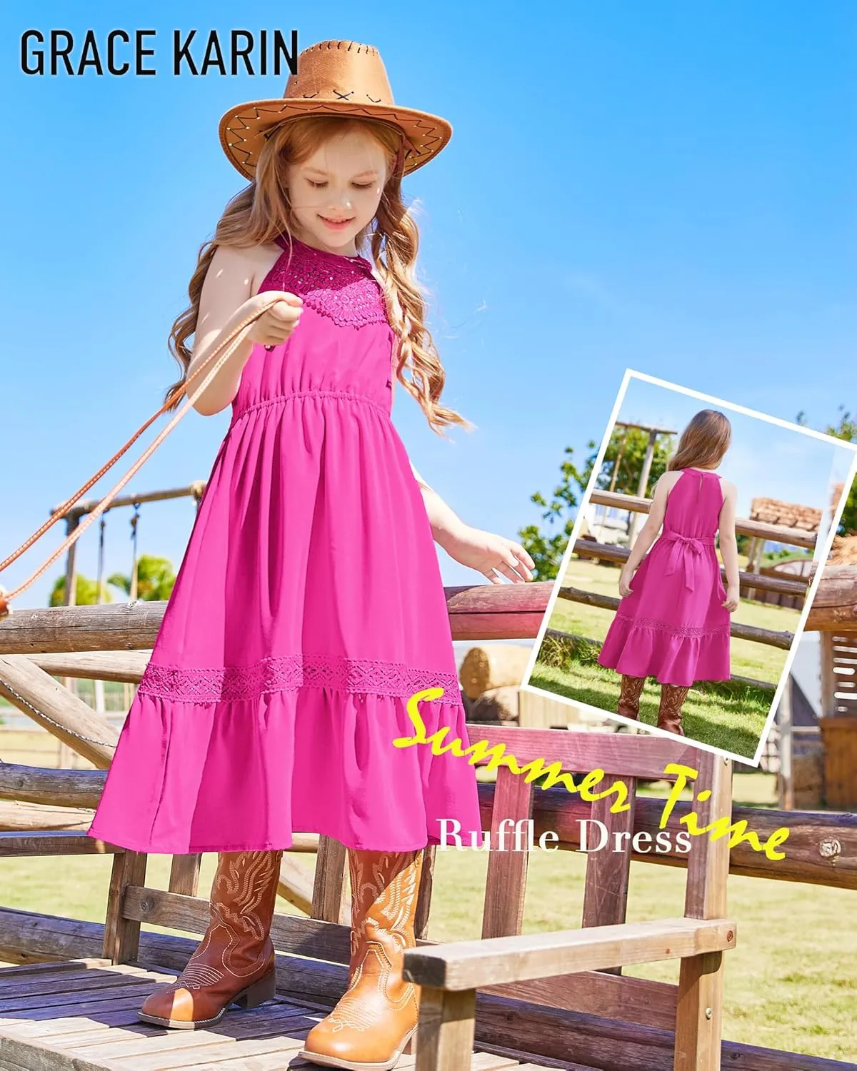 GRACE KARIN Girls Dresses Summer Spring Halter Maxi Dress Kids Ruffle Casual Flower Pleated Sun Dress Size 5-14