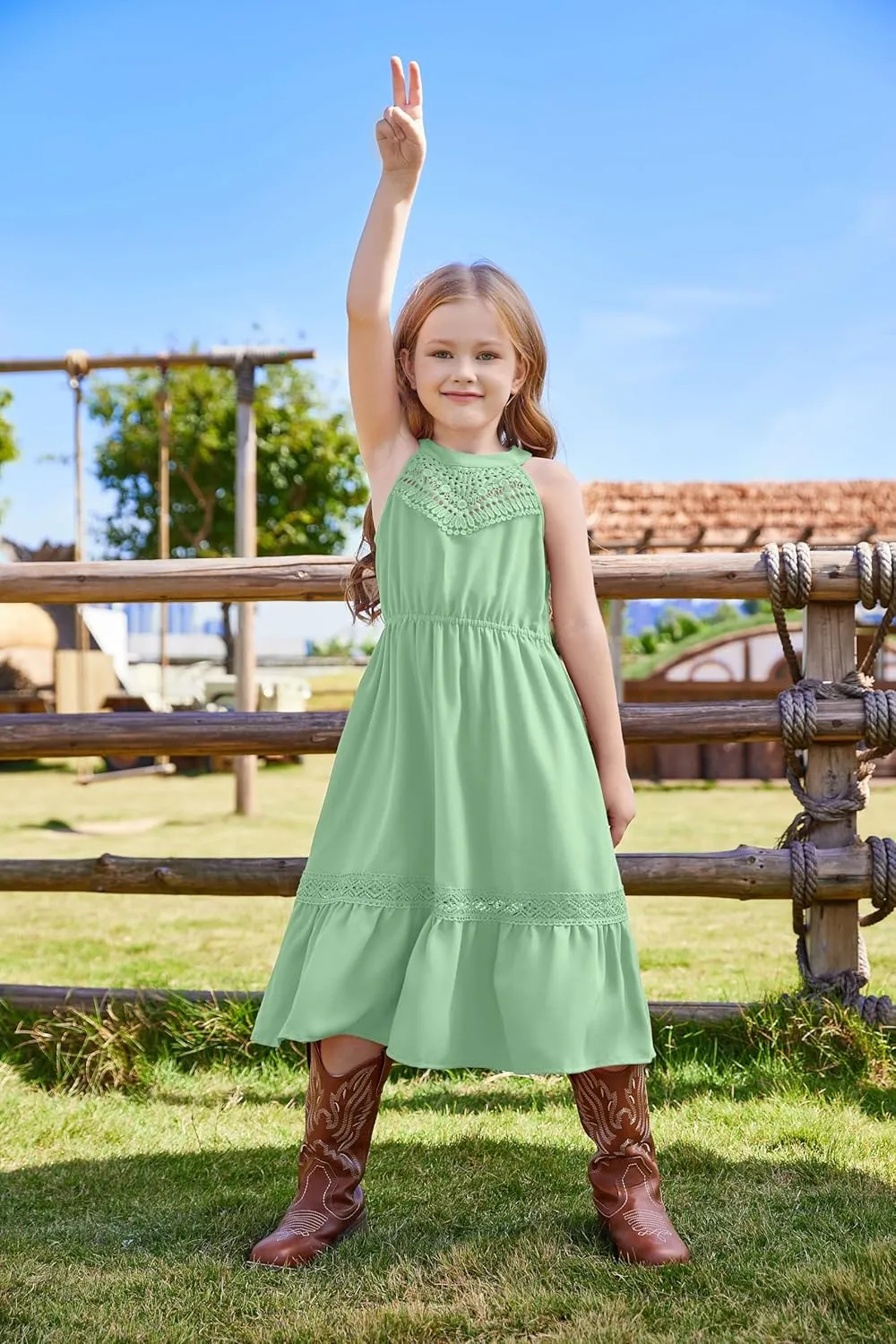 GRACE KARIN Girls Dresses Summer Spring Halter Maxi Dress Kids Ruffle Casual Flower Pleated Sun Dress Size 5-14