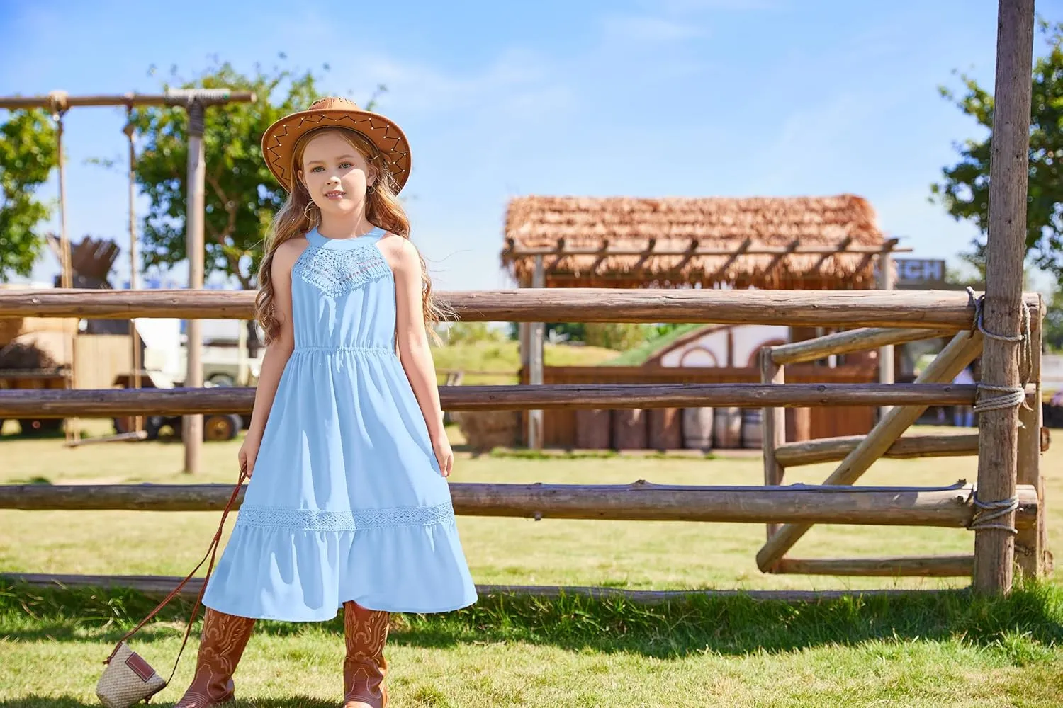 GRACE KARIN Girls Dresses Summer Spring Halter Maxi Dress Kids Ruffle Casual Flower Pleated Sun Dress Size 5-14