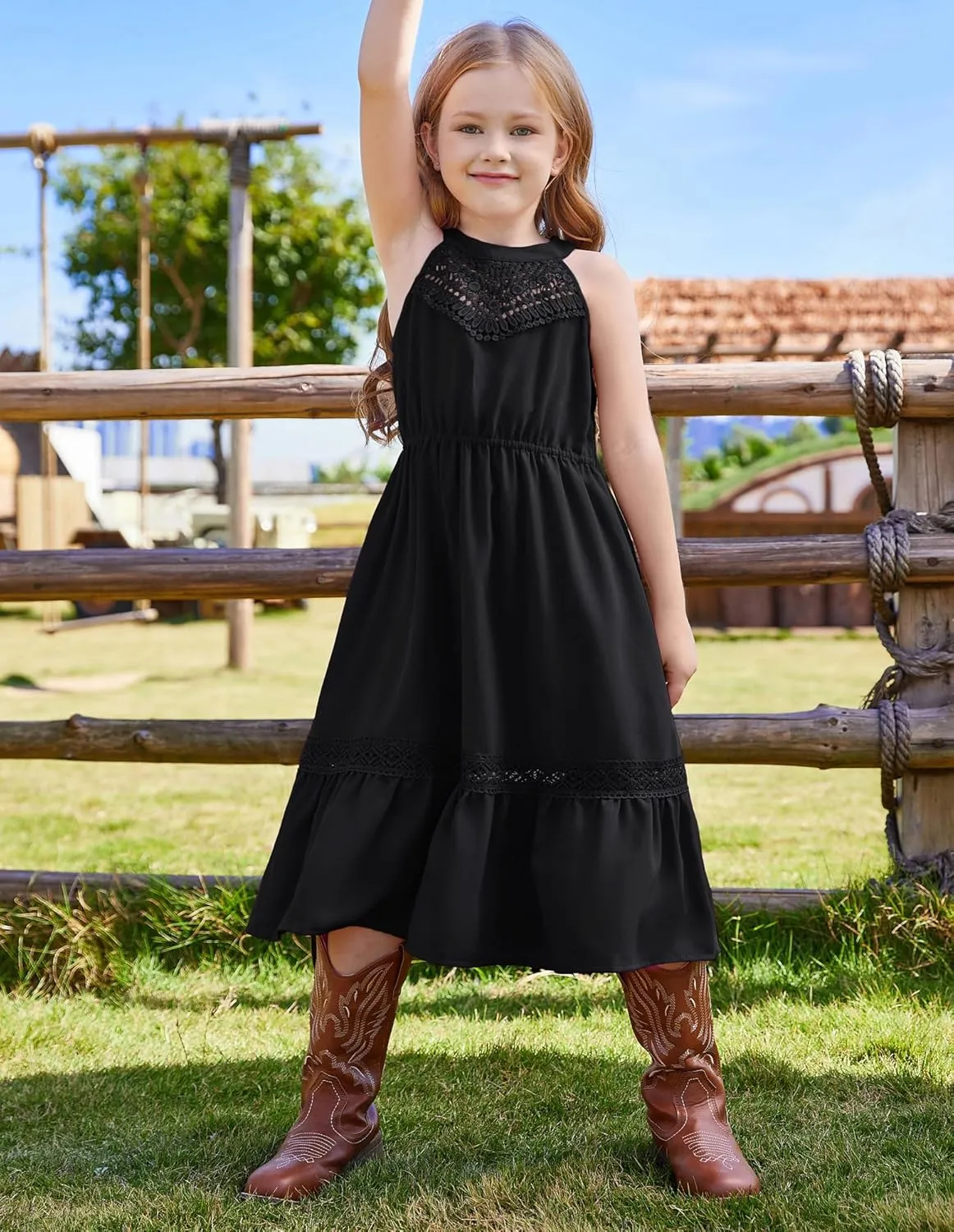 GRACE KARIN Girls Dresses Summer Spring Halter Maxi Dress Kids Ruffle Casual Flower Pleated Sun Dress Size 5-14