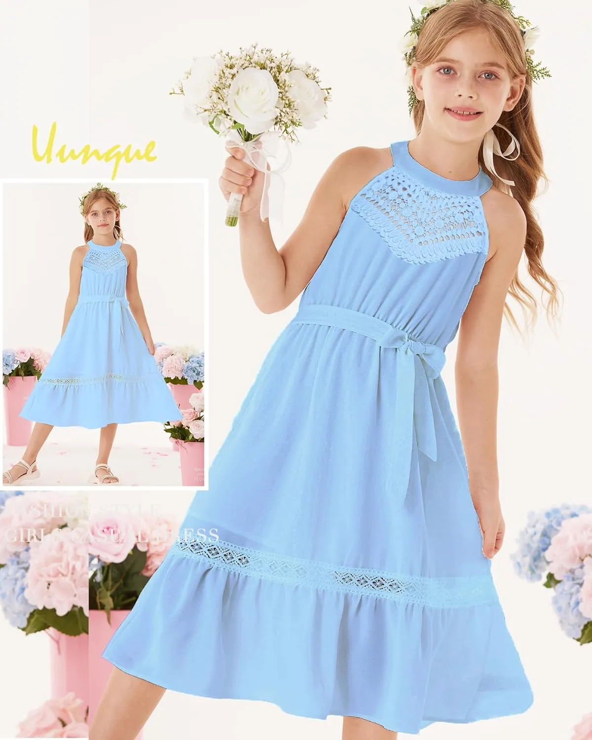 GRACE KARIN Girls Dresses Summer Spring Halter Maxi Dress Kids Ruffle Casual Flower Pleated Sun Dress Size 5-14