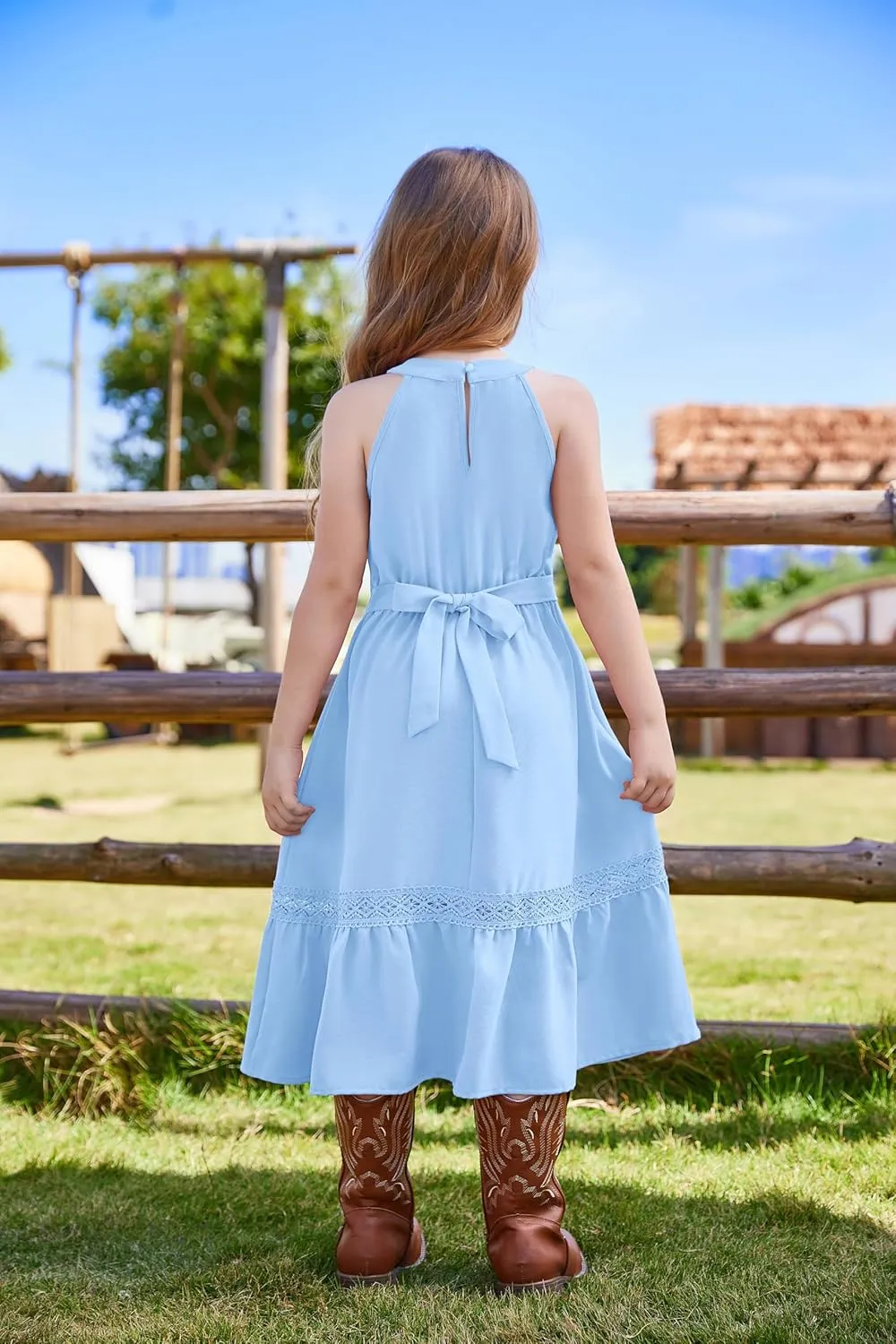 GRACE KARIN Girls Dresses Summer Spring Halter Maxi Dress Kids Ruffle Casual Flower Pleated Sun Dress Size 5-14