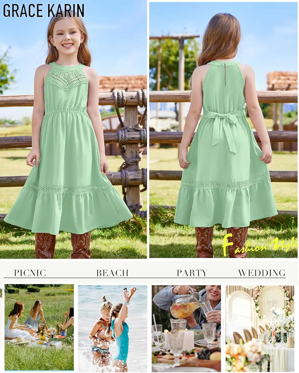 GRACE KARIN Girls Dresses Summer Spring Halter Maxi Dress Kids Ruffle Casual Flower Pleated Sun Dress Size 5-14