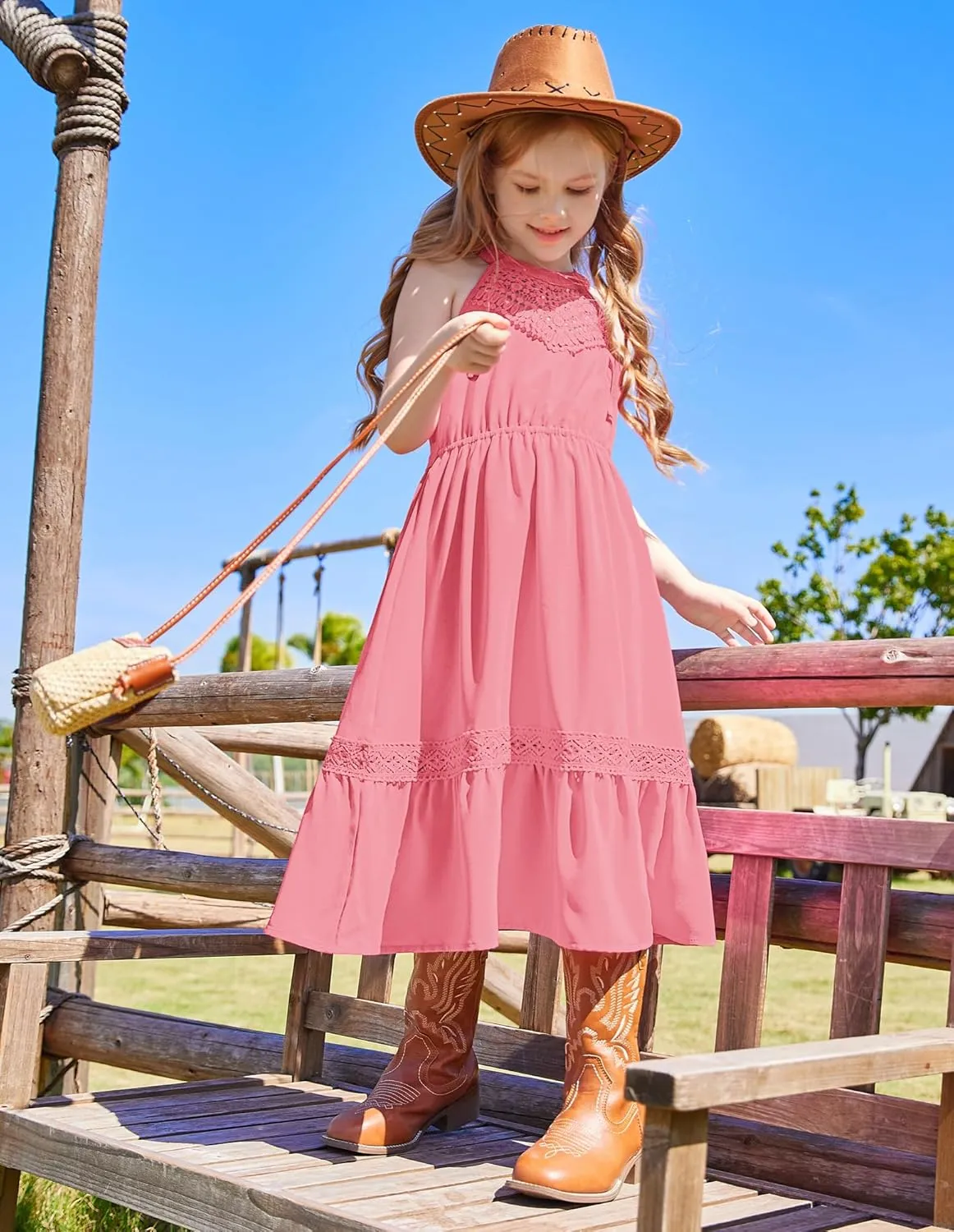 GRACE KARIN Girls Dresses Summer Spring Halter Maxi Dress Kids Ruffle Casual Flower Pleated Sun Dress Size 5-14