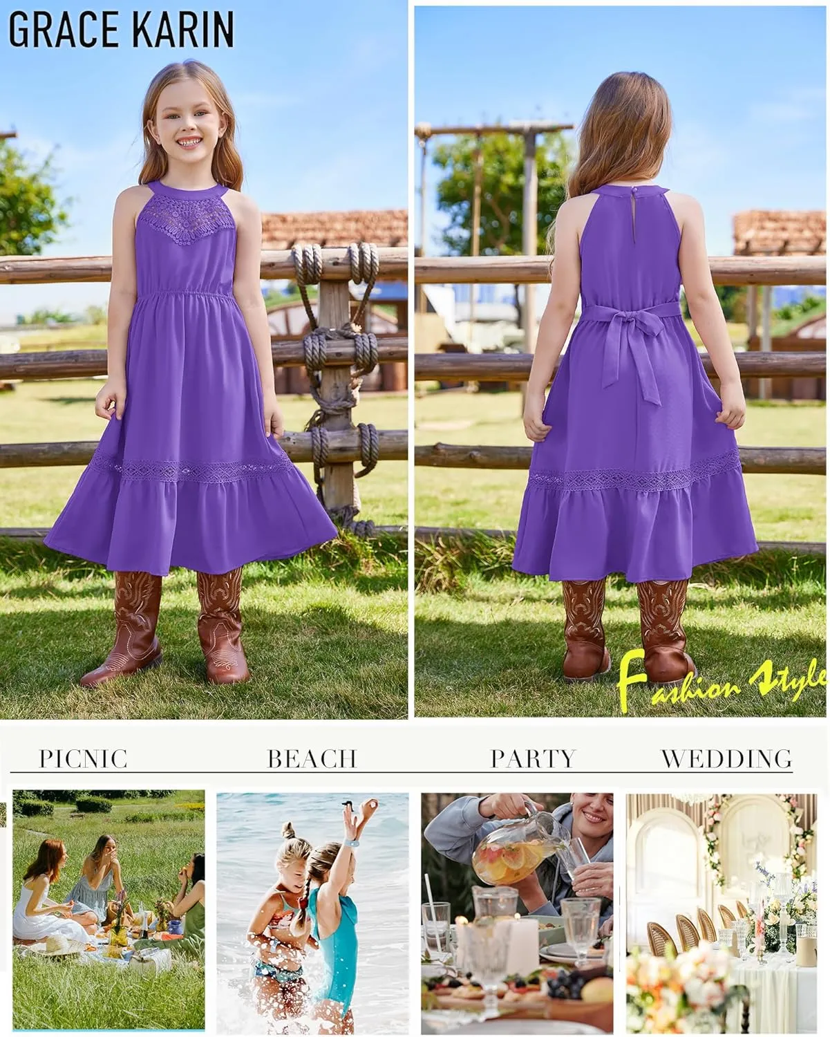 GRACE KARIN Girls Dresses Summer Spring Halter Maxi Dress Kids Ruffle Casual Flower Pleated Sun Dress Size 5-14