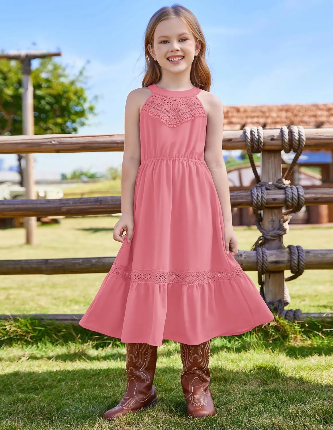 GRACE KARIN Girls Dresses Summer Spring Halter Maxi Dress Kids Ruffle Casual Flower Pleated Sun Dress Size 5-14
