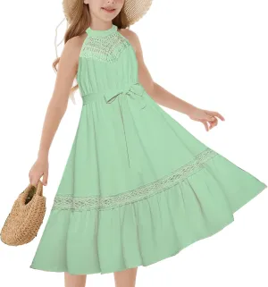 GRACE KARIN Girls Dresses Summer Spring Halter Maxi Dress Kids Ruffle Casual Flower Pleated Sun Dress Size 5-14