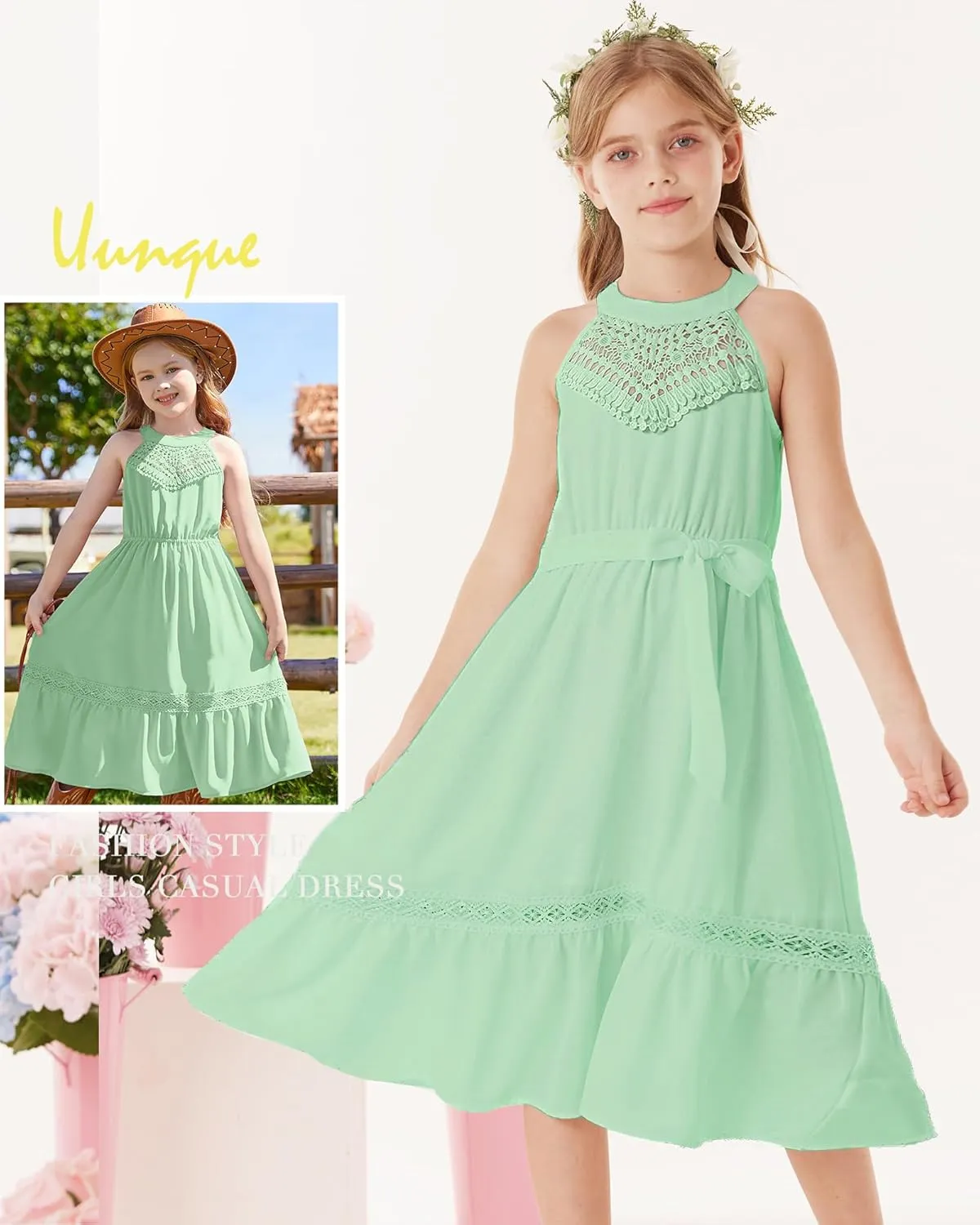 GRACE KARIN Girls Dresses Summer Spring Halter Maxi Dress Kids Ruffle Casual Flower Pleated Sun Dress Size 5-14