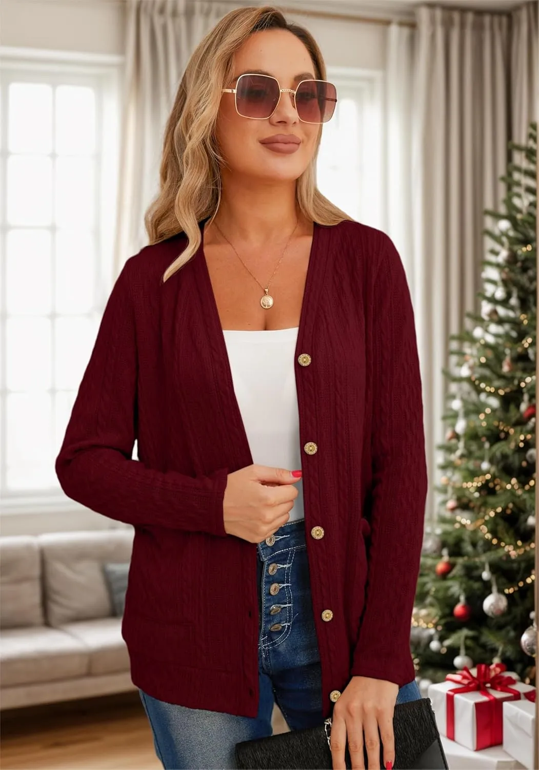 GRECERELLE Women's Lightweight Cardigan Sweater Casual Long Sleeve Knit Cardigan Open Front Outwear Jacket with Pockets
