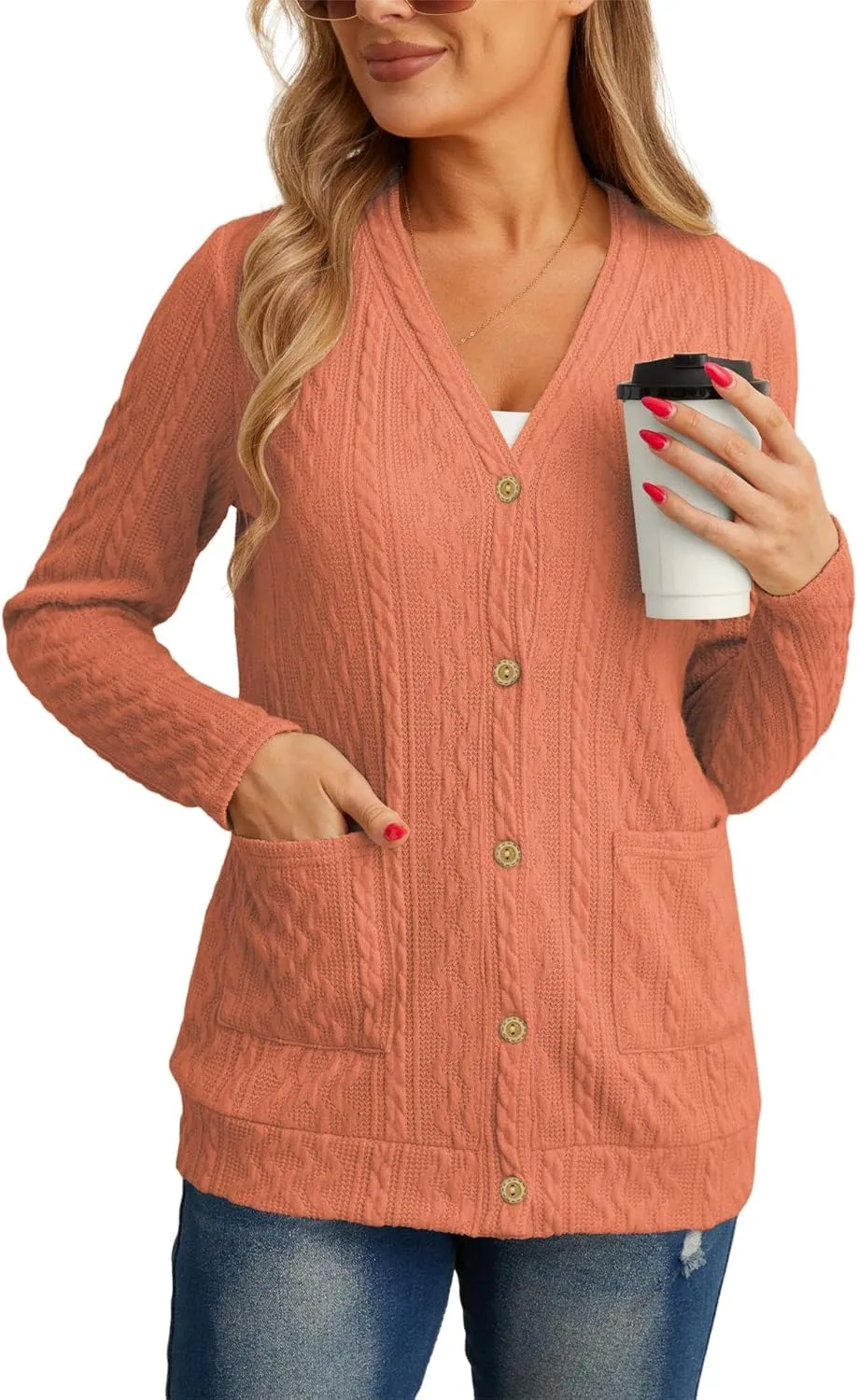 GRECERELLE Women's Lightweight Cardigan Sweater Casual Long Sleeve Knit Cardigan Open Front Outwear Jacket with Pockets