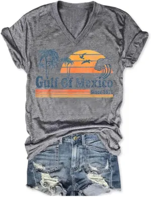 Gulf of Mexico T Shirt Graphic Mexico Shirts for Women Retro Beach Tops