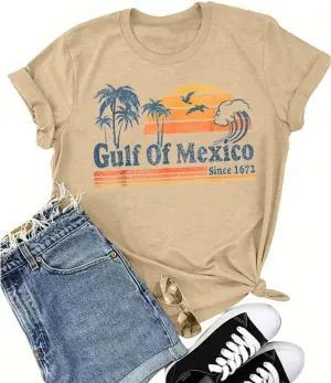 Gulf of Mexico T Shirt Graphic Mexico Shirts for Women Retro Beach Tops