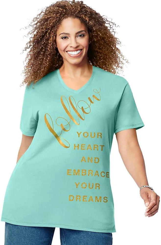 Hanes Comfortblend Women's Size Plus Printed Short-Sleeve V-Neck T-Shirt Discontinued