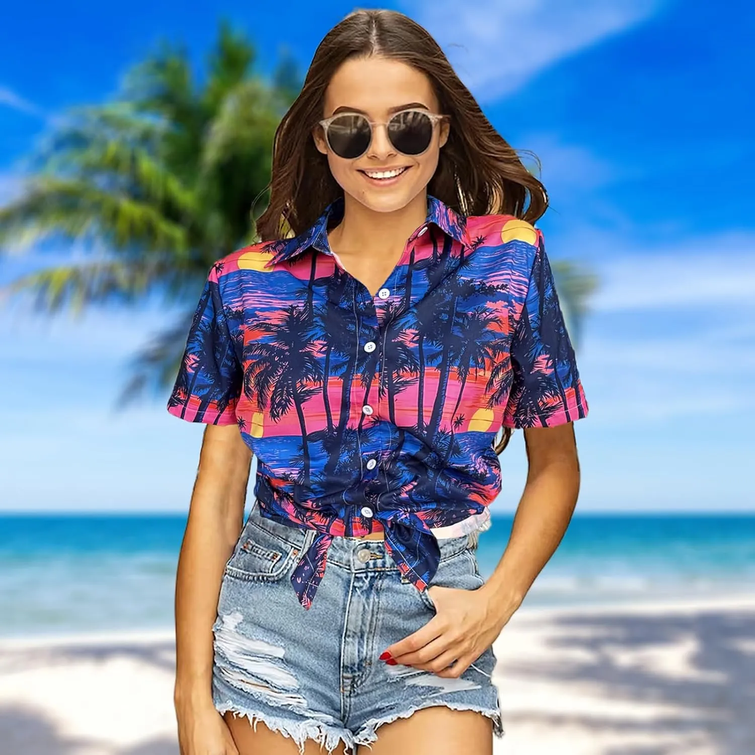 Hawaiian Shirts Women Hawaii Tshirt Cool Floral Tropic Print Graphic Tees Tops Button Up Summer Vacation Shirt