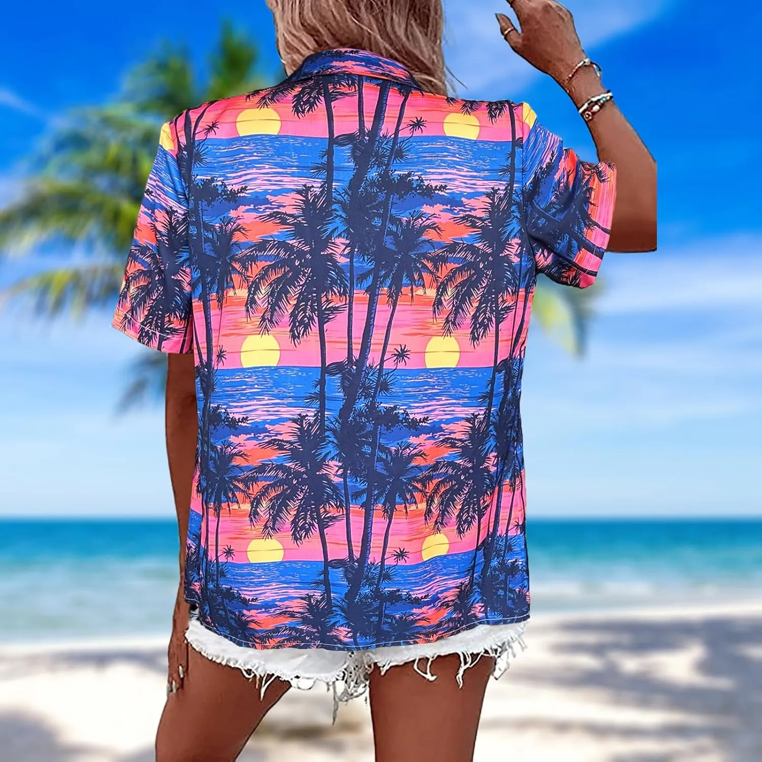 Hawaiian Shirts Women Hawaii Tshirt Cool Floral Tropic Print Graphic Tees Tops Button Up Summer Vacation Shirt
