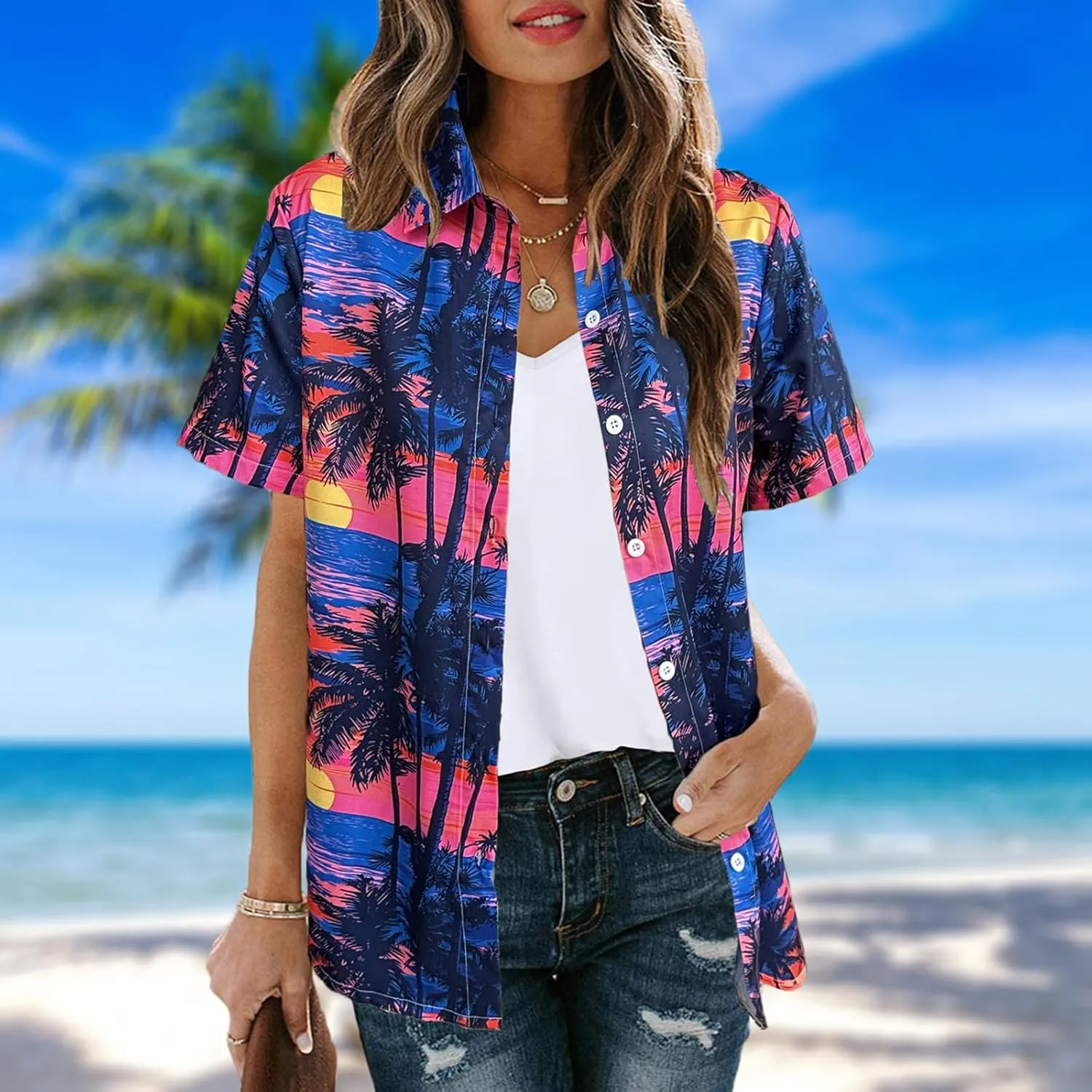 Hawaiian Shirts Women Hawaii Tshirt Cool Floral Tropic Print Graphic Tees Tops Button Up Summer Vacation Shirt