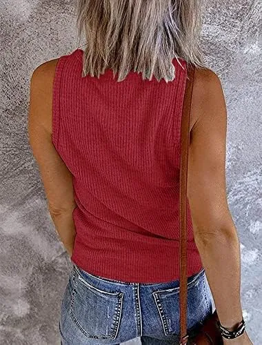Henley Tank Tops Womens Western Aztec Print V-Neck Cami Ribbed Sleeveless Shirts Casual Button Up T-Shirts