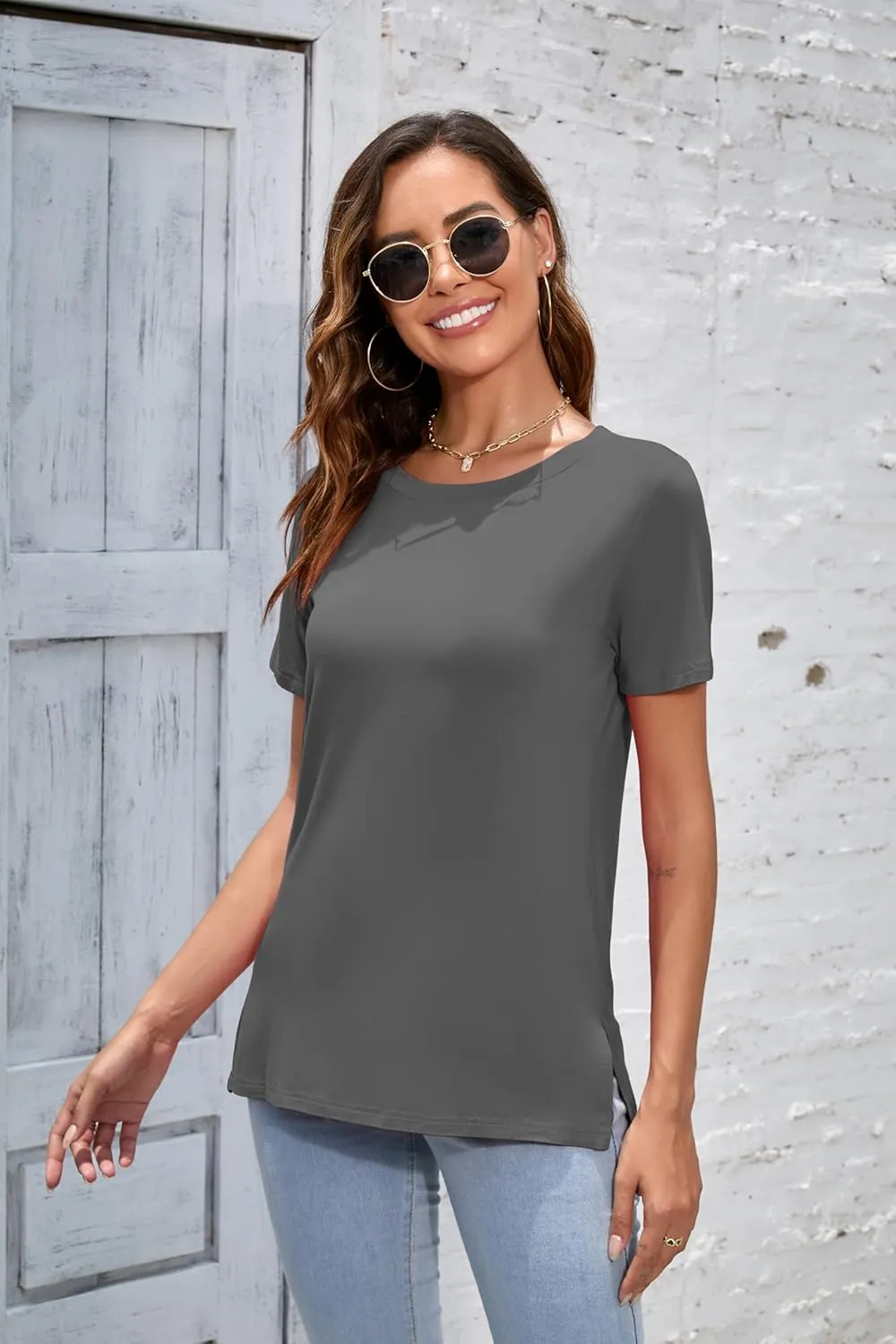 Herou Summer Women Casual Short Sleeve Tops T-Shirts Tees with Side Split
