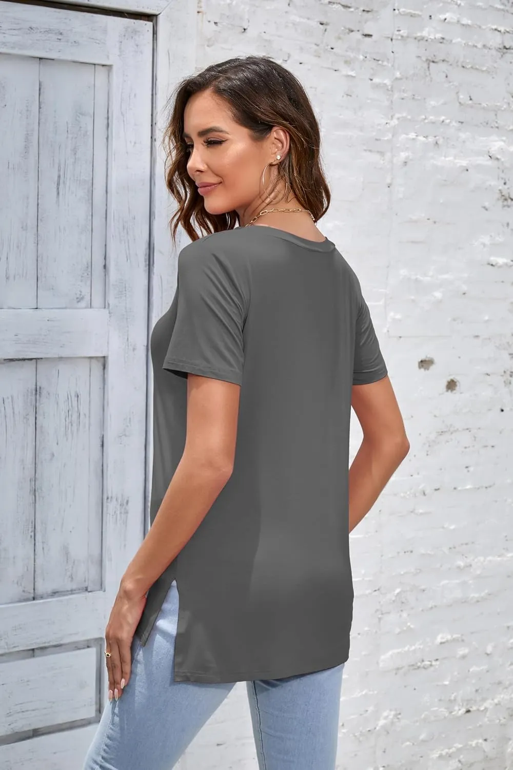 Herou Summer Women Casual Short Sleeve Tops T-Shirts Tees with Side Split