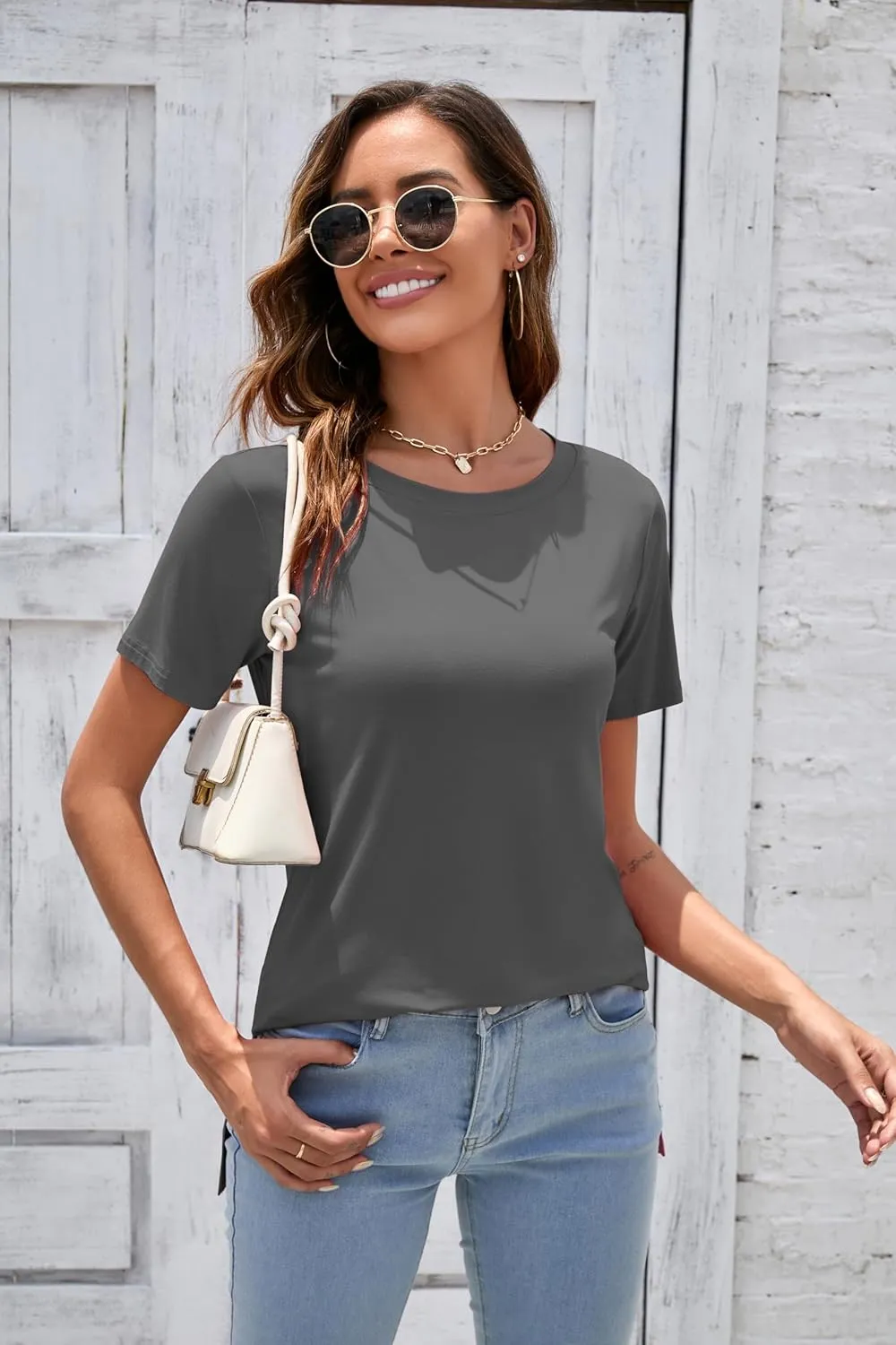 Herou Summer Women Casual Short Sleeve Tops T-Shirts Tees with Side Split