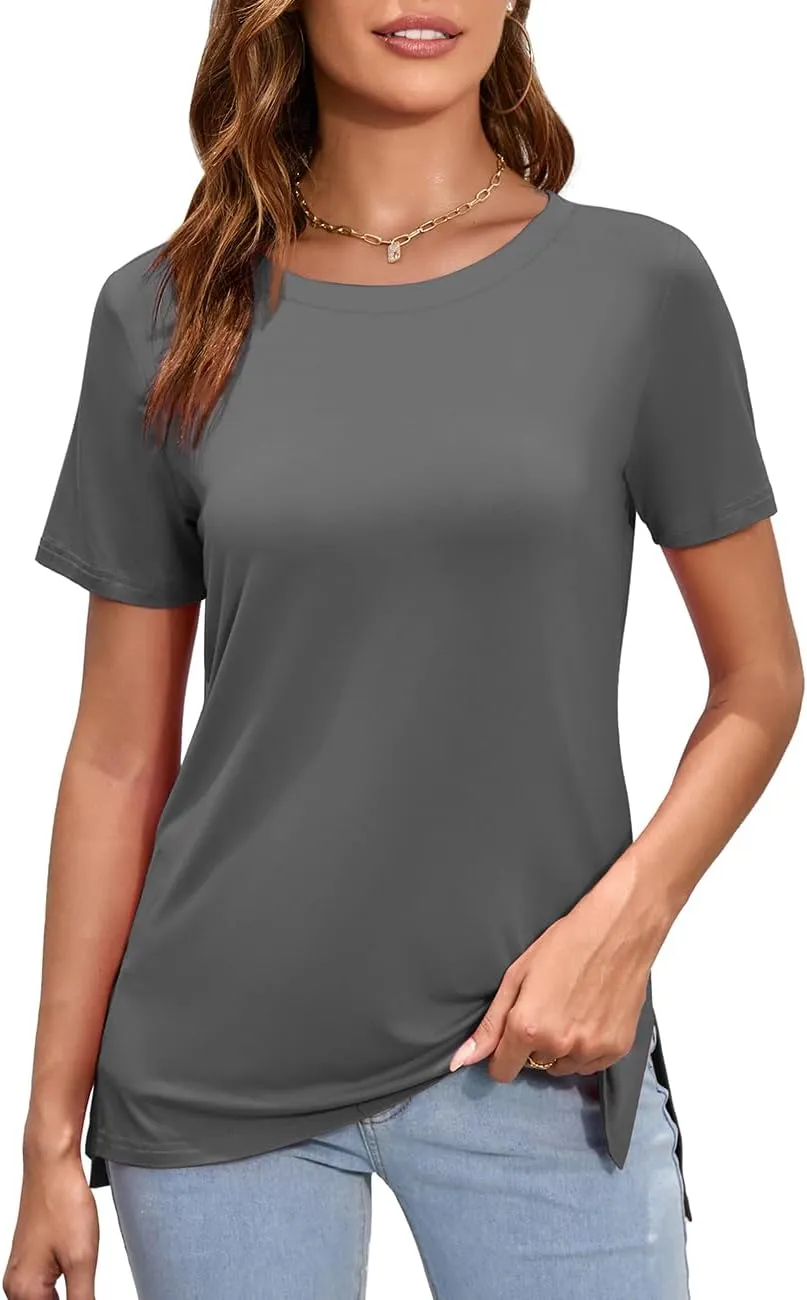 Herou Summer Women Casual Short Sleeve Tops T-Shirts Tees with Side Split