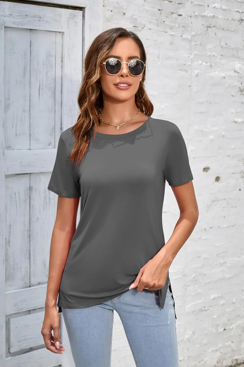 Herou Summer Women Casual Short Sleeve Tops T-Shirts Tees with Side Split