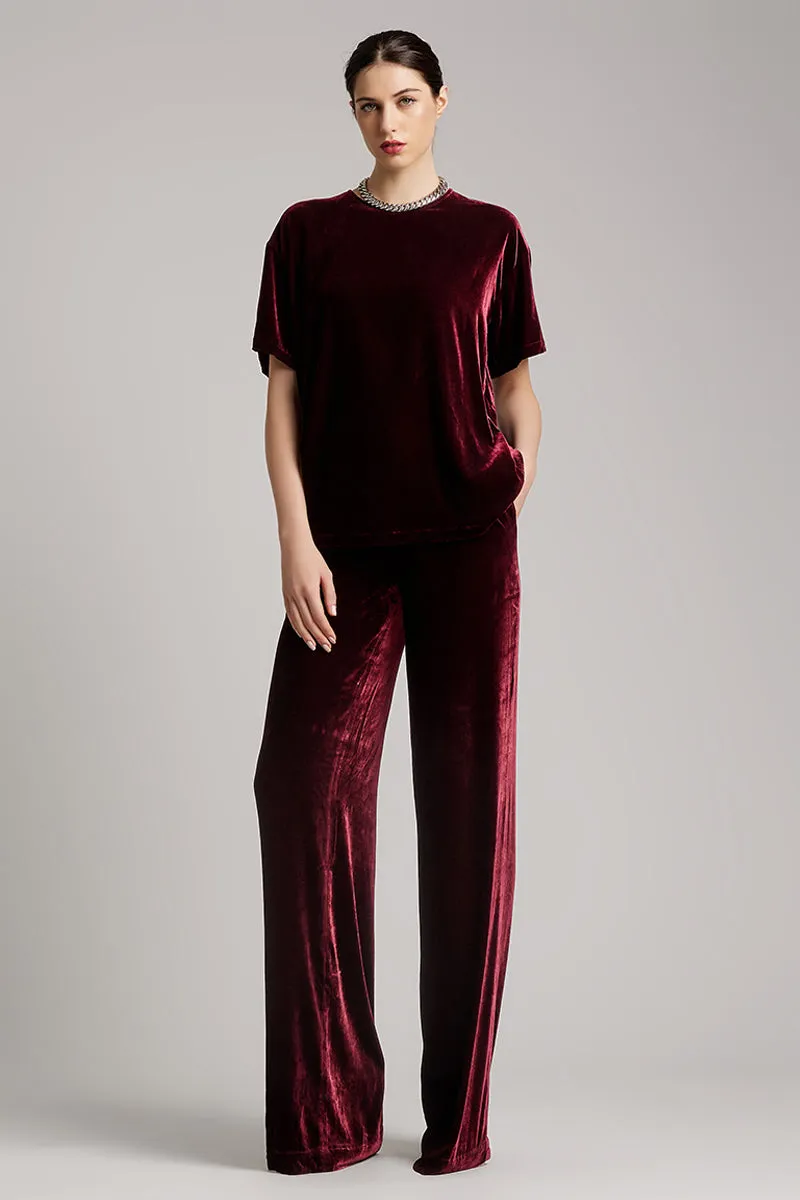 High Waisted Elastic Band Silk Velvet Long Pants in Maroon