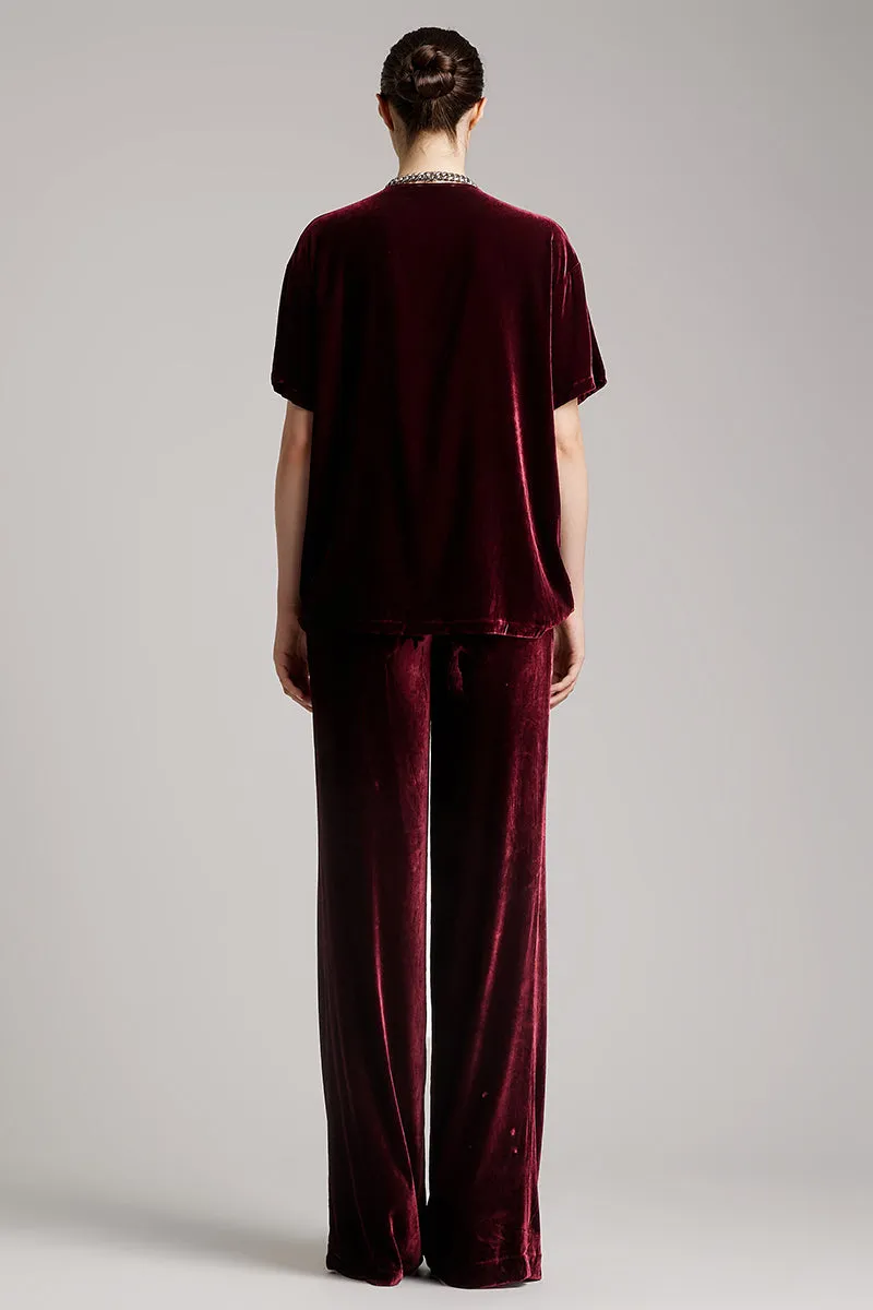 High Waisted Elastic Band Silk Velvet Long Pants in Maroon