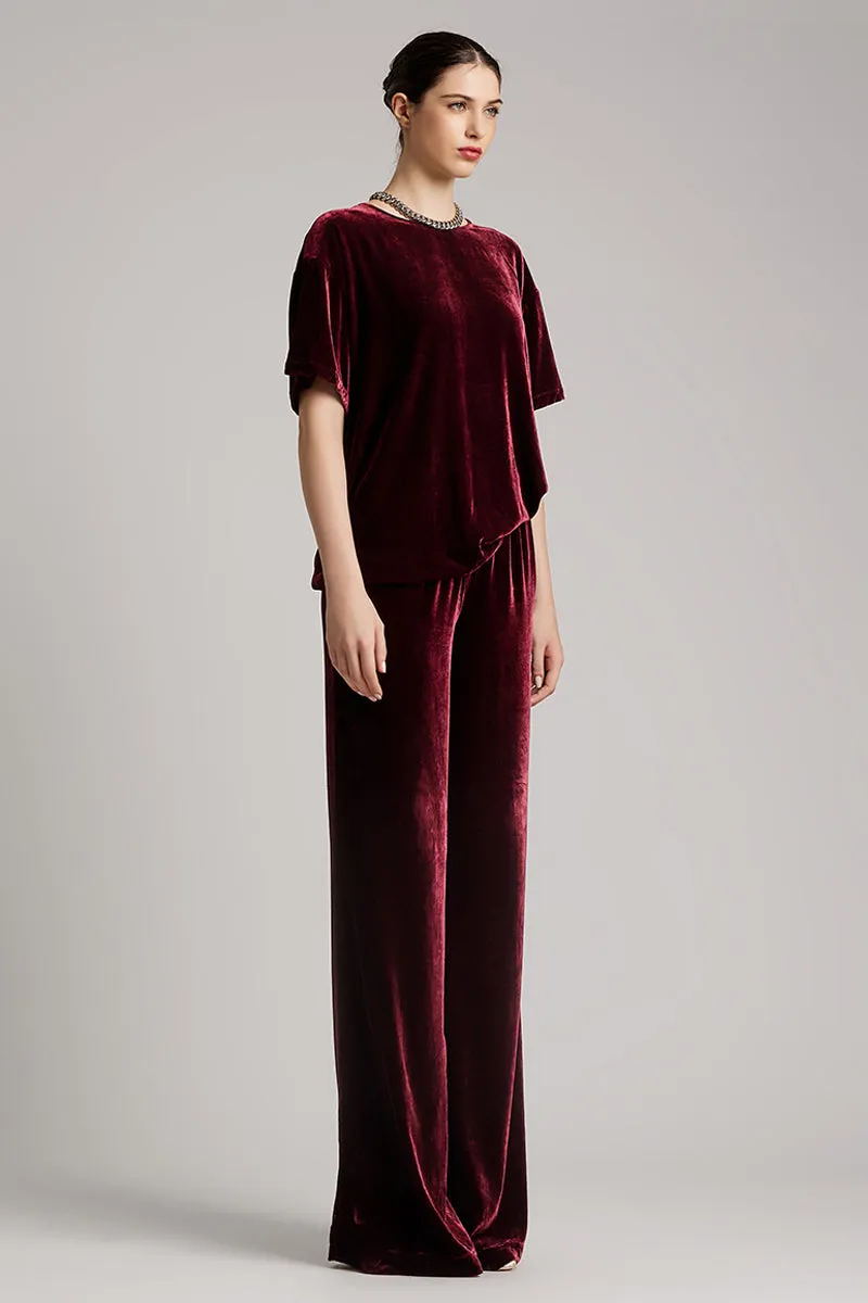 High Waisted Elastic Band Silk Velvet Long Pants in Maroon