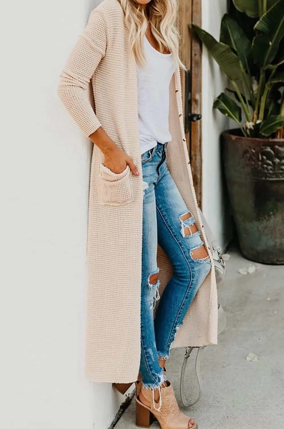 HZSONNE Women's Boho Long Casual Cardigan Long Sleeve Button Down Front Pocket Knitted Sweater Blouses