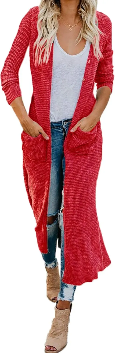HZSONNE Women's Boho Long Casual Cardigan Long Sleeve Button Down Front Pocket Knitted Sweater Blouses