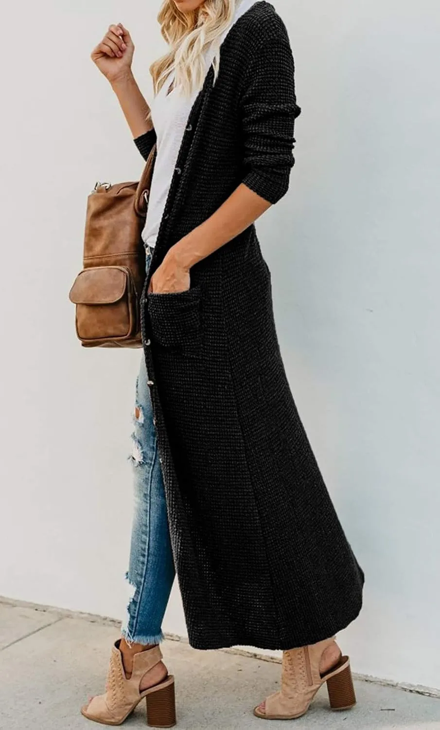 HZSONNE Women's Boho Long Casual Cardigan Long Sleeve Button Down Front Pocket Knitted Sweater Blouses