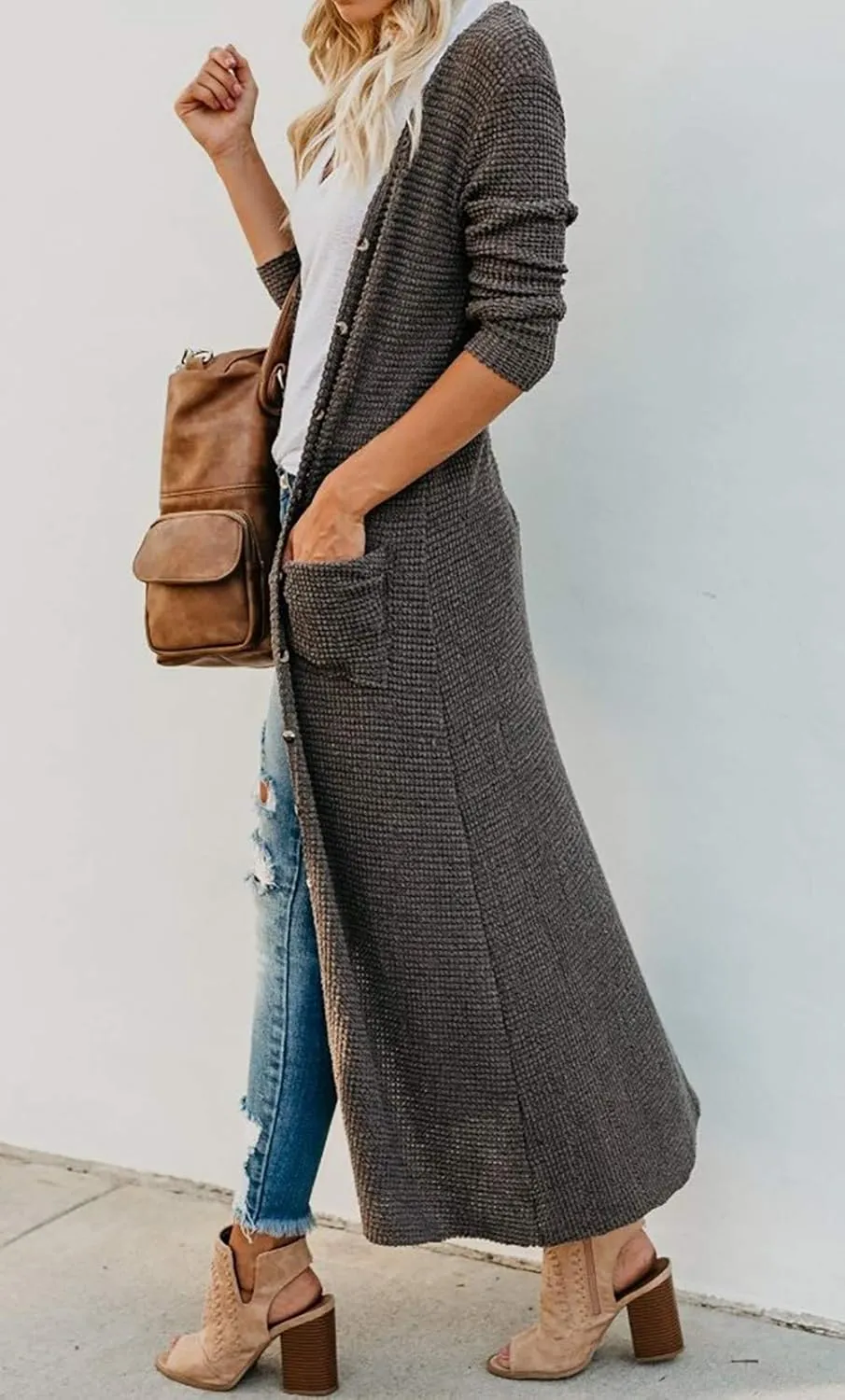 HZSONNE Women's Boho Long Casual Cardigan Long Sleeve Button Down Front Pocket Knitted Sweater Blouses