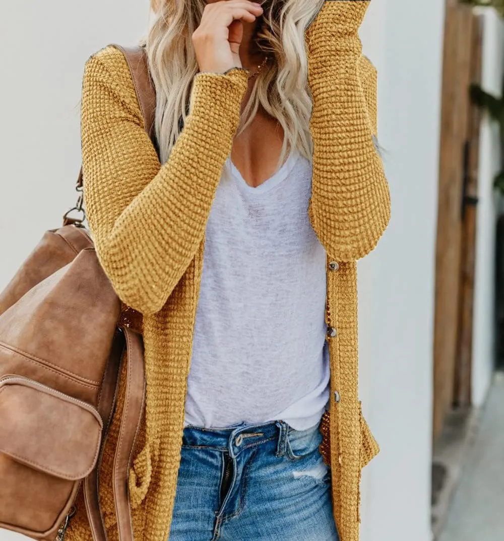 HZSONNE Women's Boho Long Casual Cardigan Long Sleeve Button Down Front Pocket Knitted Sweater Blouses